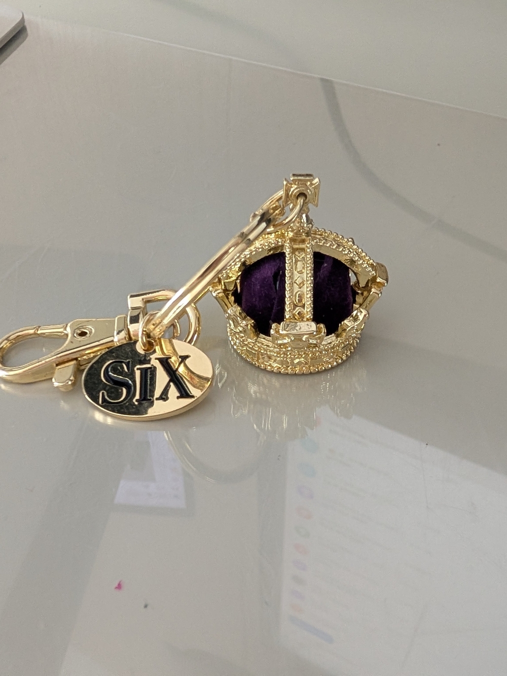 Six the Musical Gold Crown Keyring with Purple Velvet Cushion